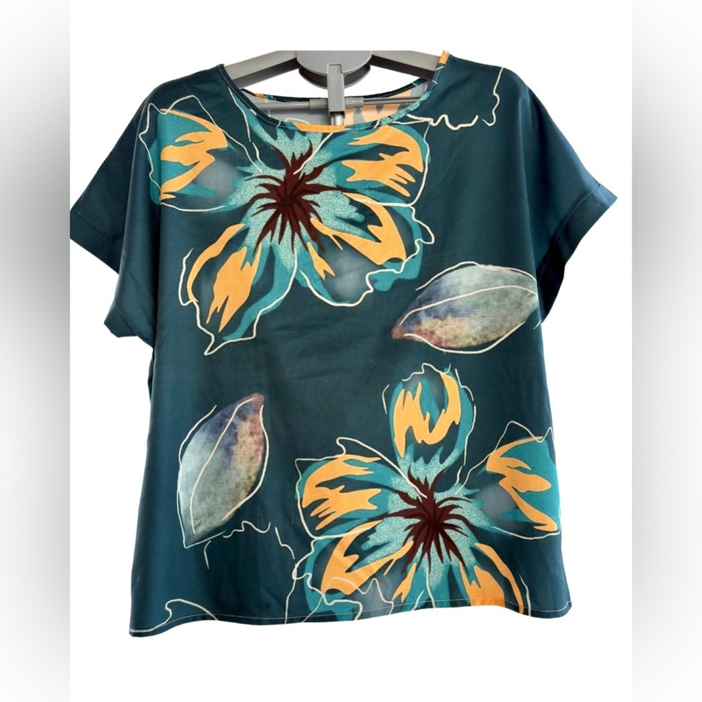 Teal Floral Blouse XL Boho Tropical Print Dolman Sleeve Top
